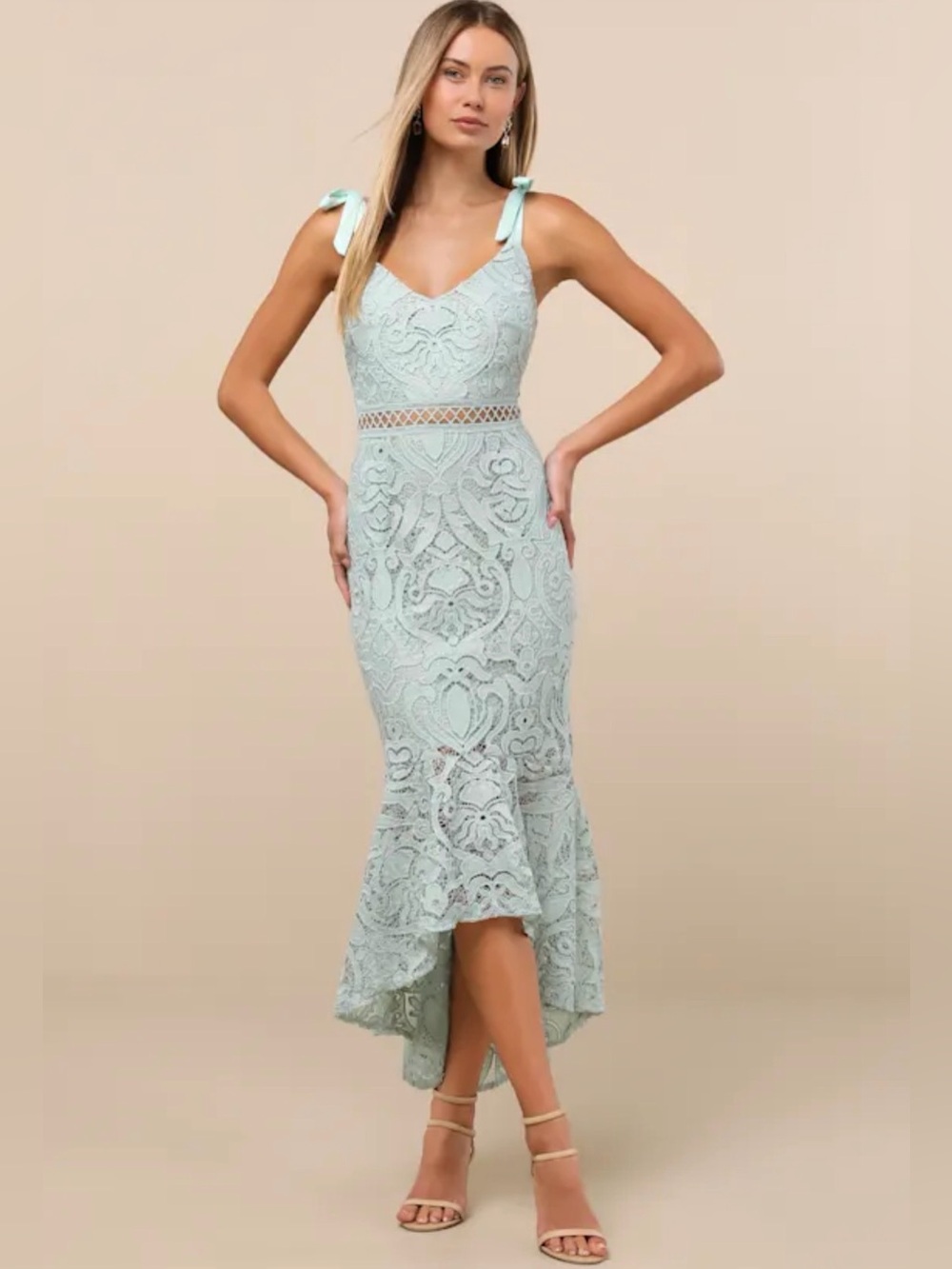 NWT Lulus Sage Green Tie-Shoulder Lace High-Low Midi Dress size Medium